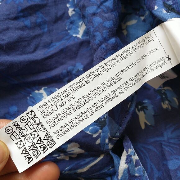 Zara Top Blouse Tunic Woman L/M*Blue Floral Silk Blend Long Sleeve Keyhole - Picture 11 of 11